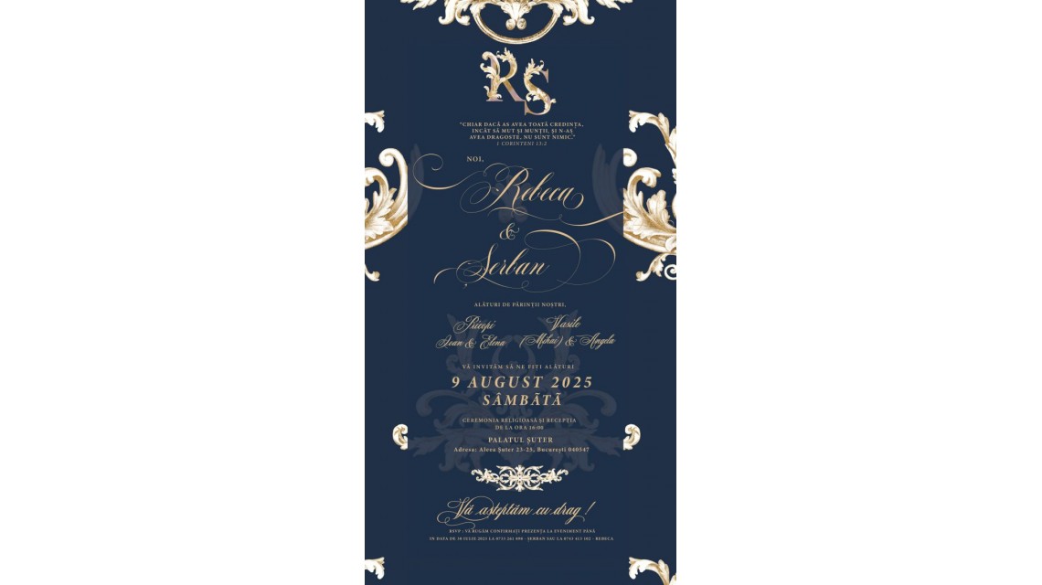 Invitație digitală nuntă baroc Royal Elegance Invitație electronică bleumarin & gold 1